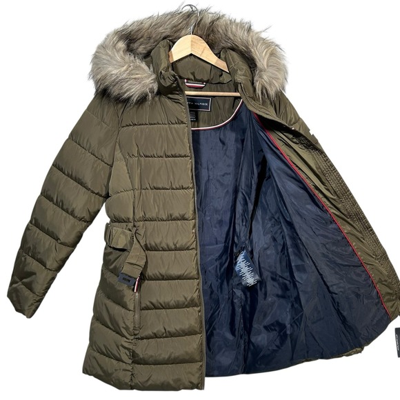 Tommy Hilfiger Women's Fur Mid-Length Puffer Hooded Belt Jacket XL Olive Green - Picture 3 of 7